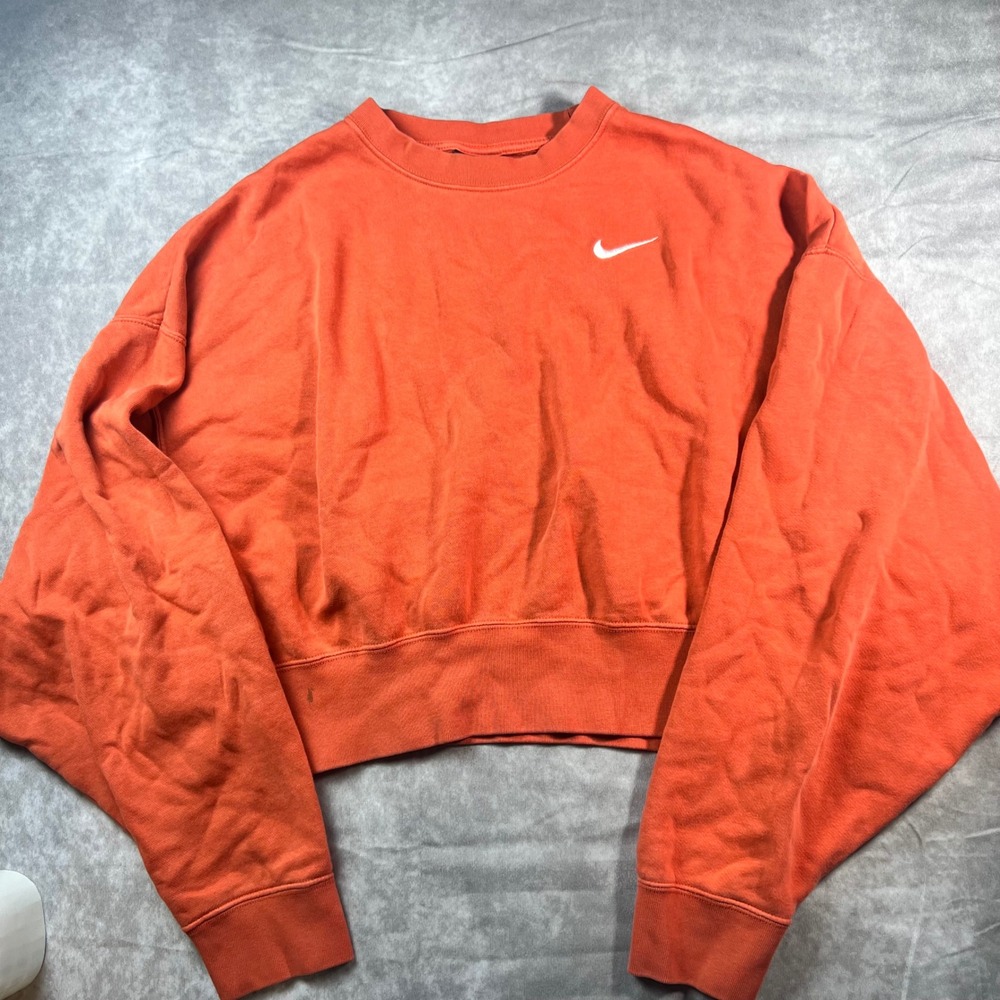 Nike Sweatshirt Womens XS Orange Cropped Oversized Swoosh Fleece Pullover